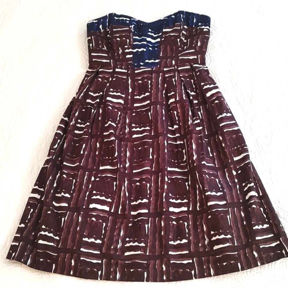 Milly Strapless Brown Blue w/ Pockets Cocktail Party Midi Dress US 2/  NWT